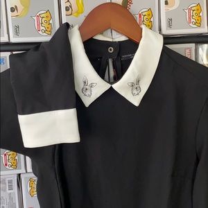 Black Dress with Rabbit Illustration on Collar